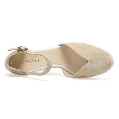 TONIVIS Beige Suede Closed Toe Espadrille Wedge