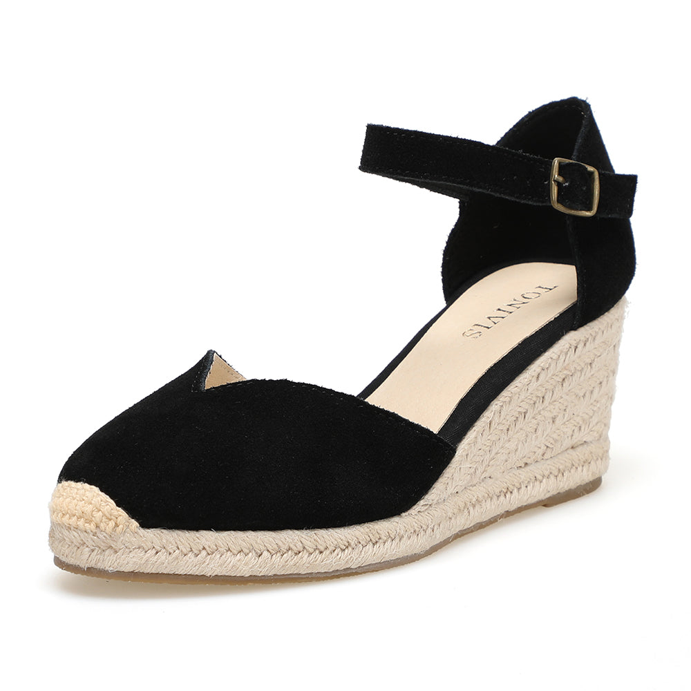 TONIVIS Black Suede Closed Toe Espadrille Wedge