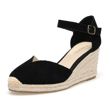 TONIVIS Black Suede Closed Toe Espadrille Wedge