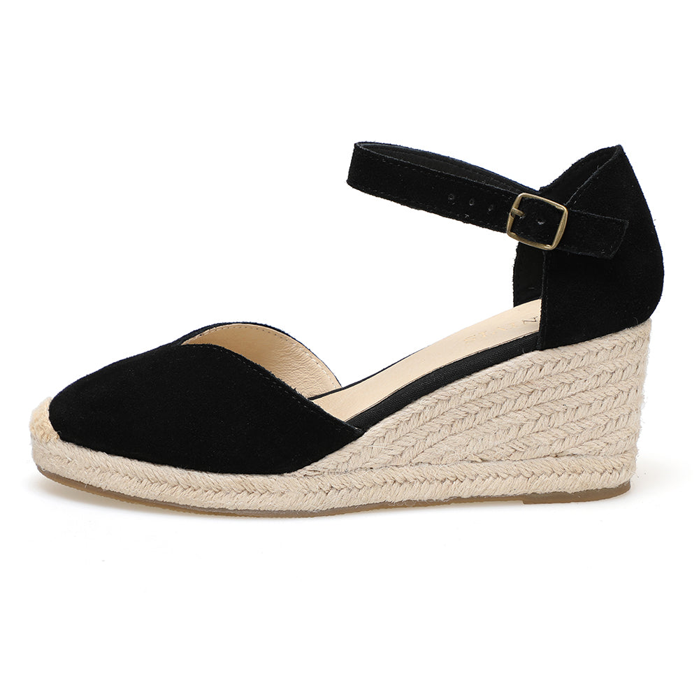 TONIVIS Black Suede Closed Toe Espadrille Wedge