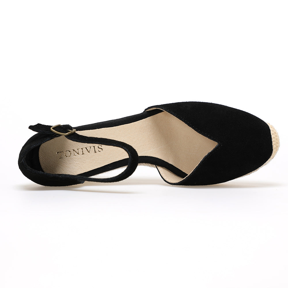 TONIVIS Black Suede Closed Toe Espadrille Wedge