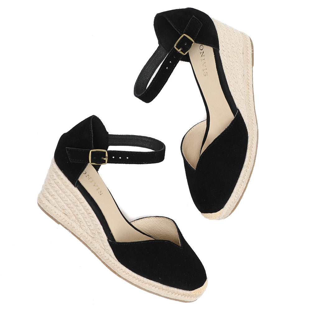 TONIVIS Black Suede Closed Toe Espadrille Wedge