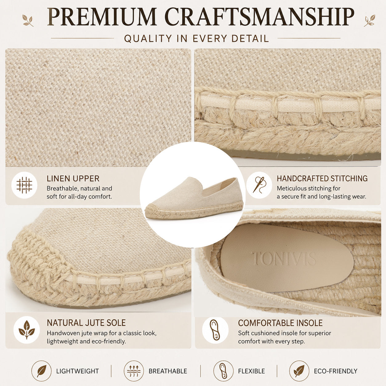 TONIVIS Women's Linen Beige espadrille flats image 2