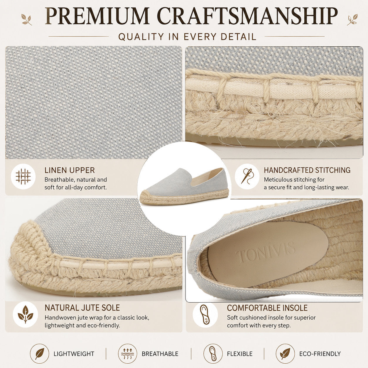 TONIVIS Women's Linen Gray espadrille flats image 1