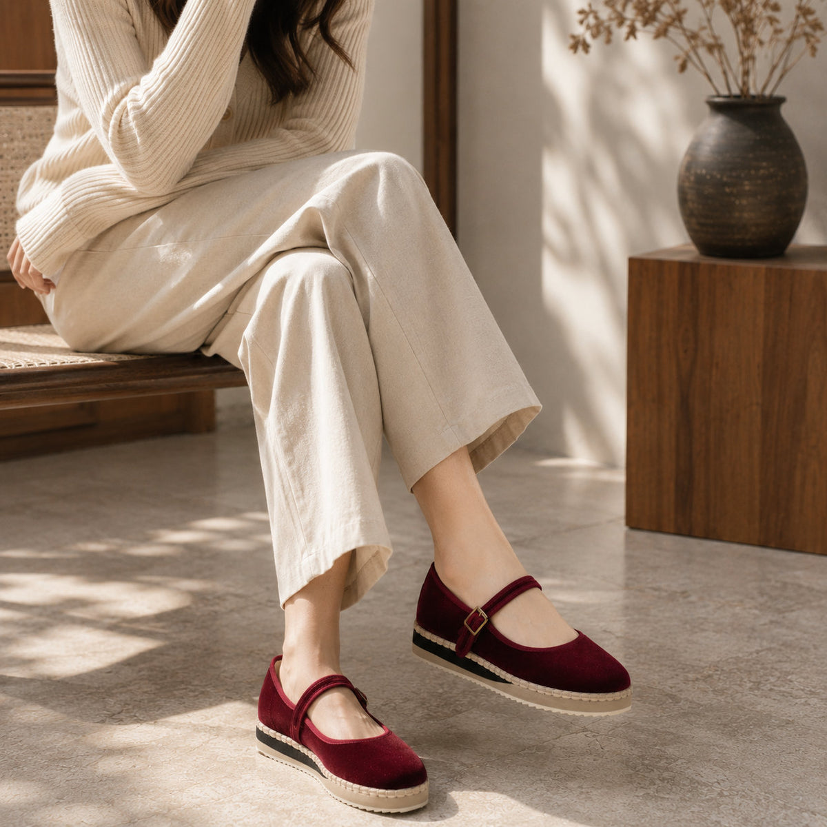 Women's Mary Jane Espadrilles - Burgundy
