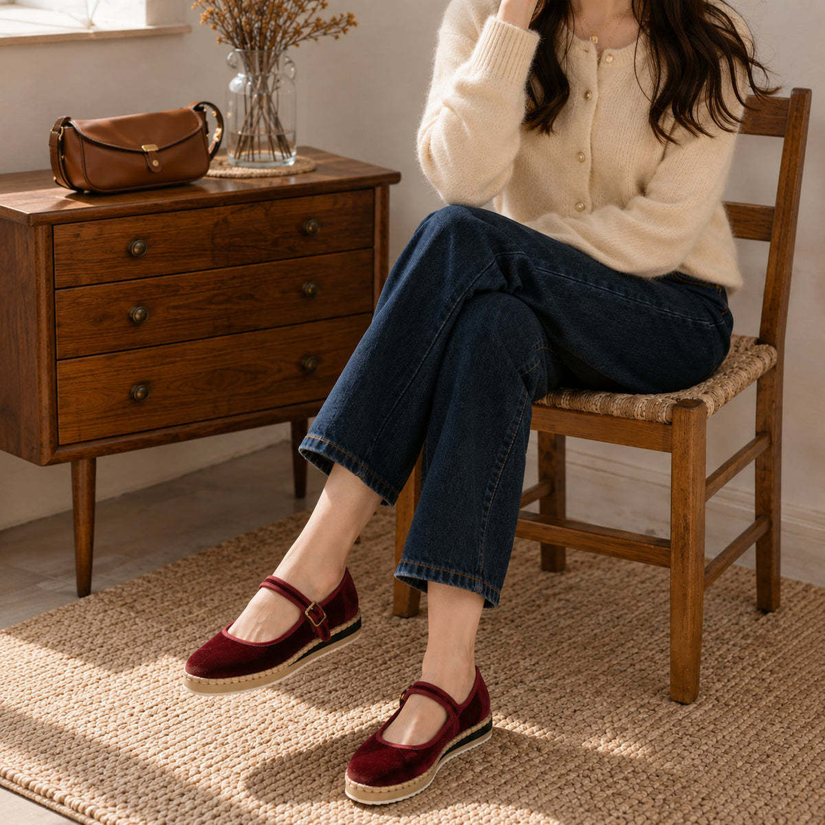 Women's Mary Jane Espadrilles - Burgundy