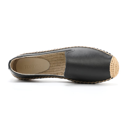 Black Leather women's platform espadrilles, style W-P9977