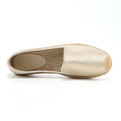 Gold Leather women's platform espadrilles, style W-P9978