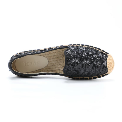 Black Sequin women's platform espadrilles, style W-P9982