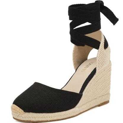 Women's linen espadrille wedge sandals 9CM black linen image 1