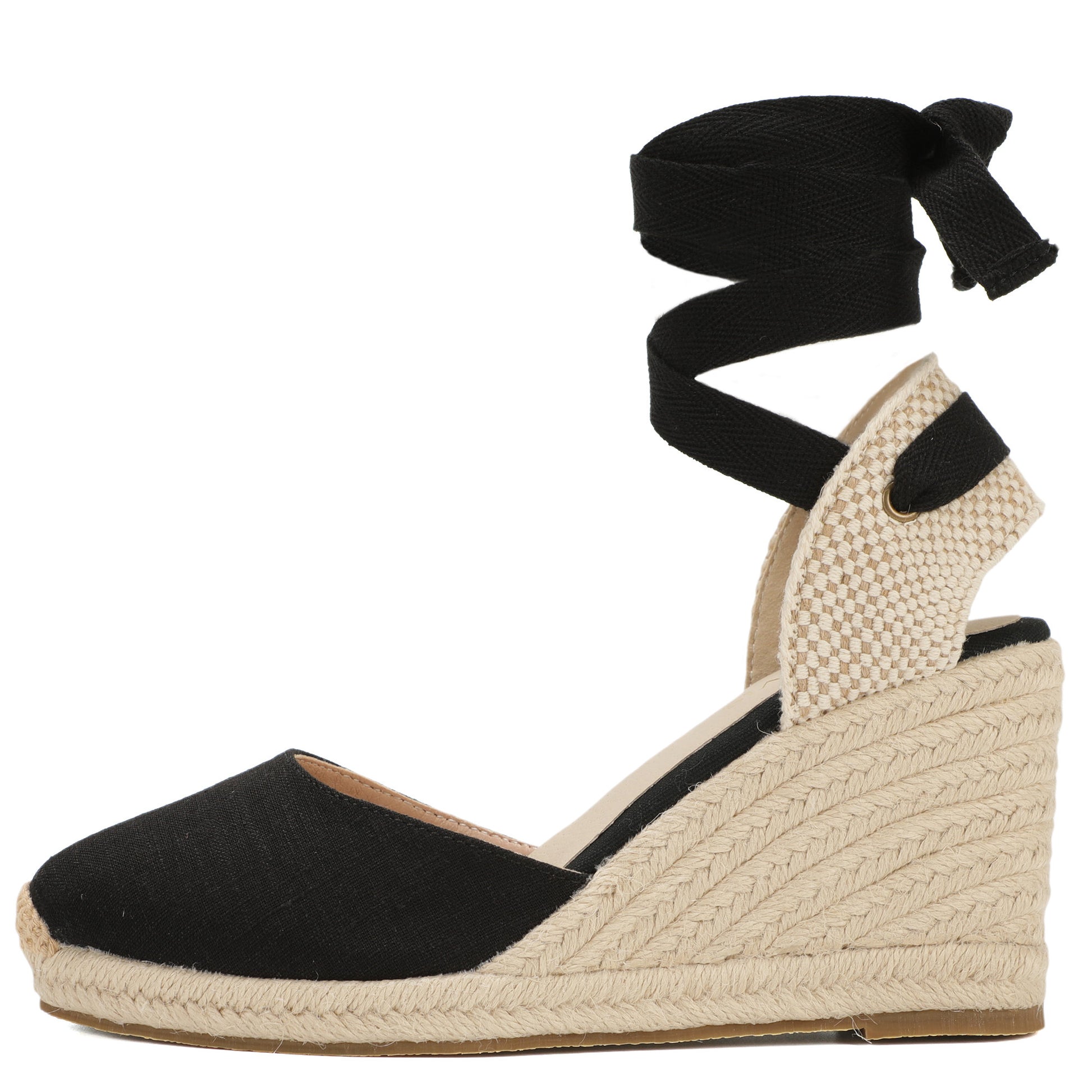 Women's linen espadrille wedge sandals 9CM black linen image 2