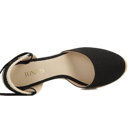Women's linen espadrille wedge sandals 9CM black linen image 5