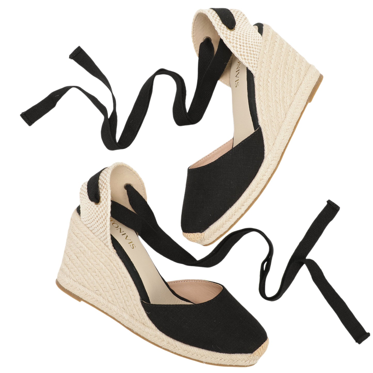 Women's linen espadrille wedge sandals 9CM black linen image 6