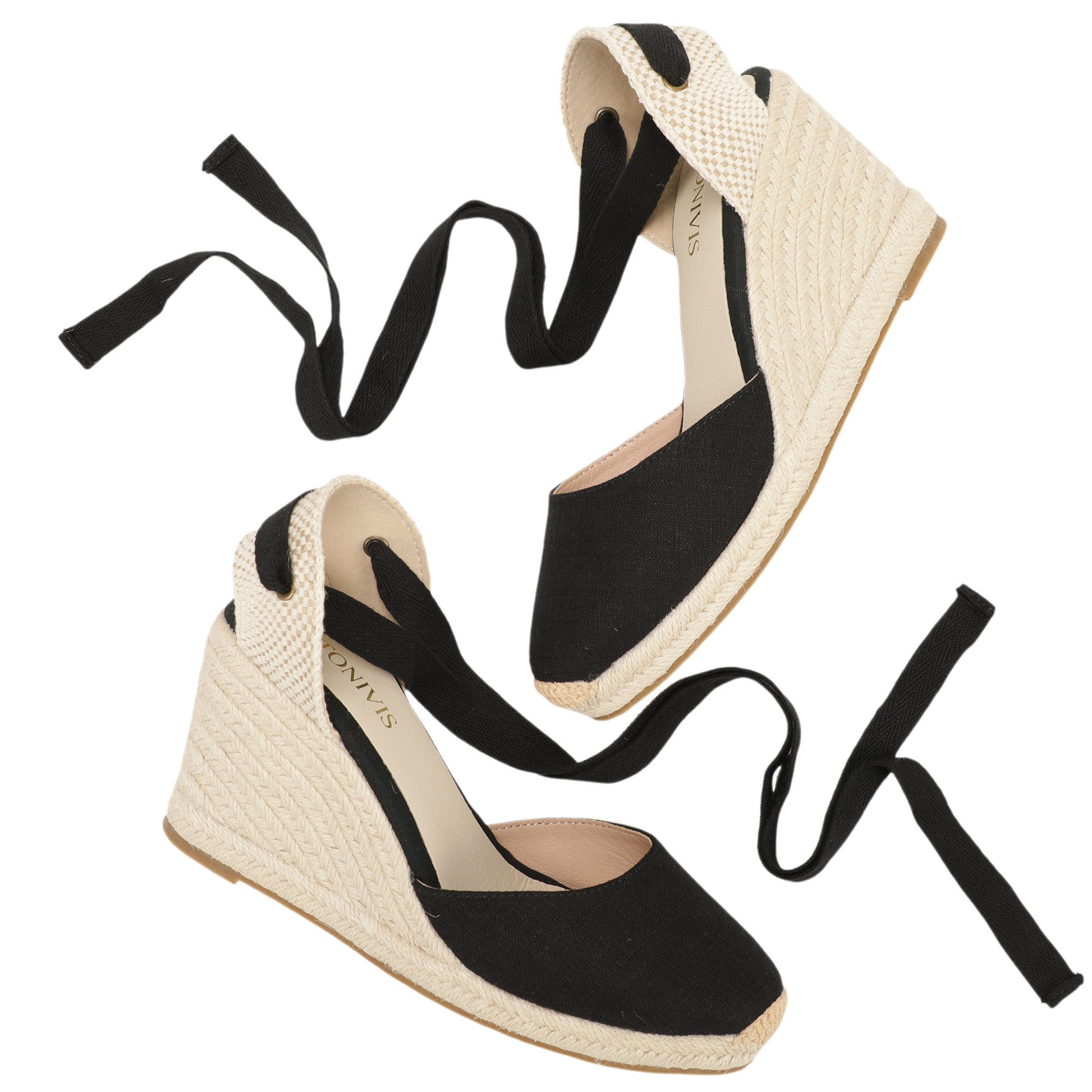 Women's linen espadrille wedge sandals 9CM black linen image 6