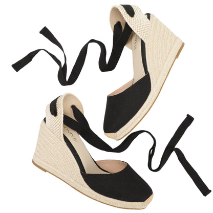 Women's linen espadrille wedge sandals 9CM black linen image 6