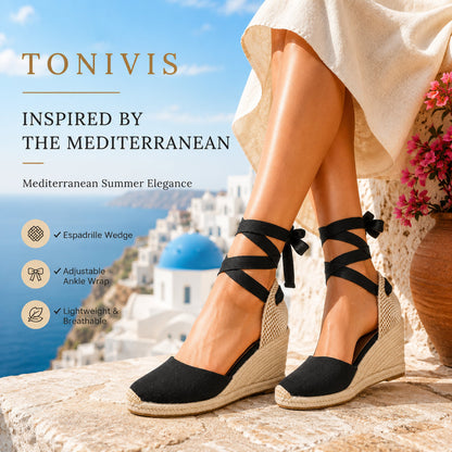 Women's linen espadrille wedge sandals 9CM black linen image 9
