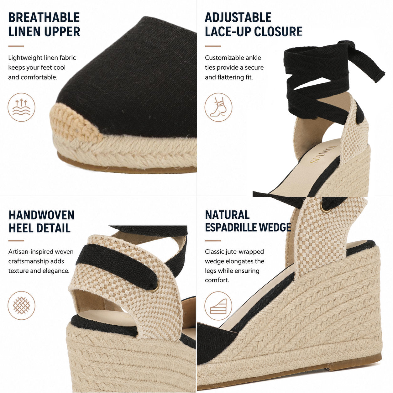 Women's linen espadrille wedge sandals 9CM black linen image 12