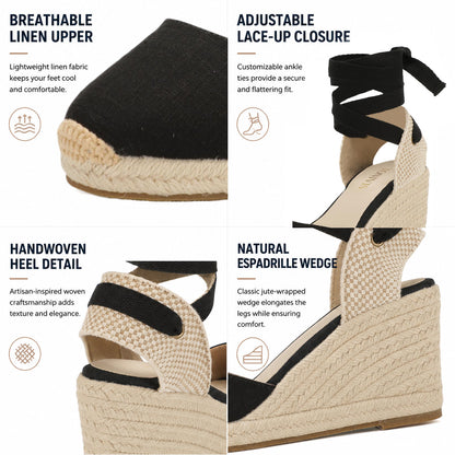 Women's linen espadrille wedge sandals 9CM black linen image 12