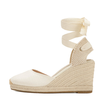 Women's linen espadrille wedge sandals 9CM white linen image 2