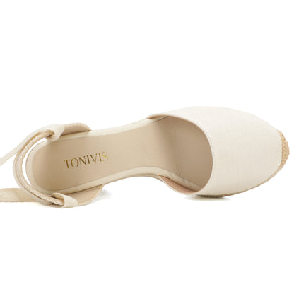 Women's linen espadrille wedge sandals 9CM white linen image 5