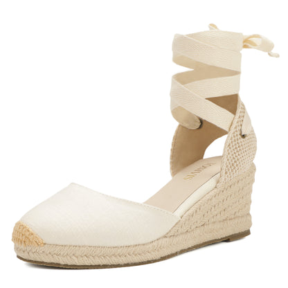 Women's linen espadrille wedge sandals 7CM white linen image 2