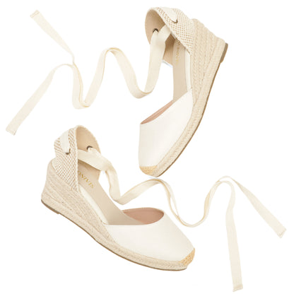 Women's linen espadrille wedge sandals 7CM white linen image 6