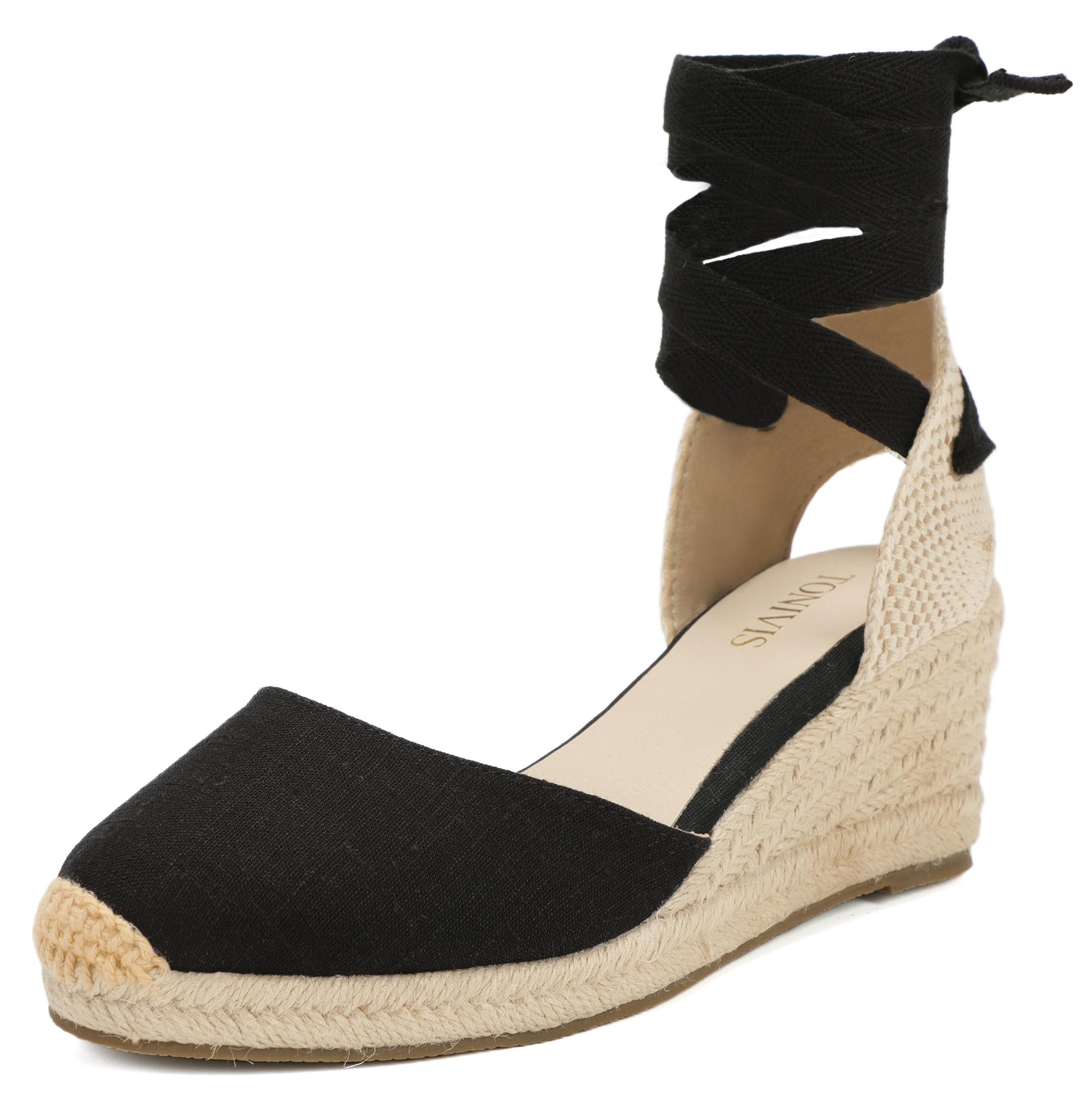 Women's linen espadrille wedge sandals 7CM black linen image 1