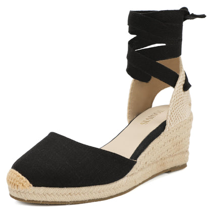 Women's linen espadrille wedge sandals 7CM black linen image 1