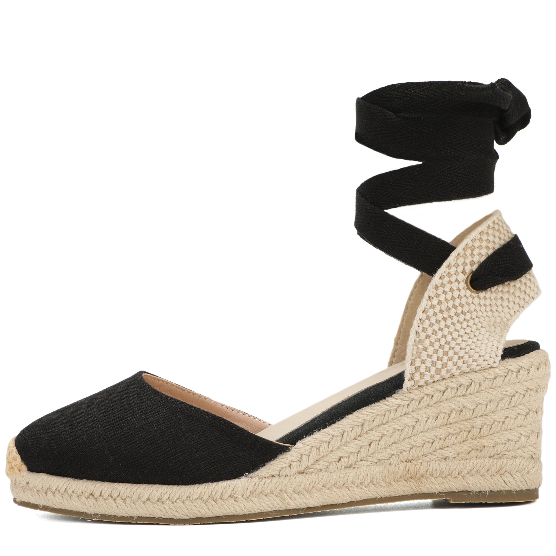 Women's linen espadrille wedge sandals 7CM black linen image 2