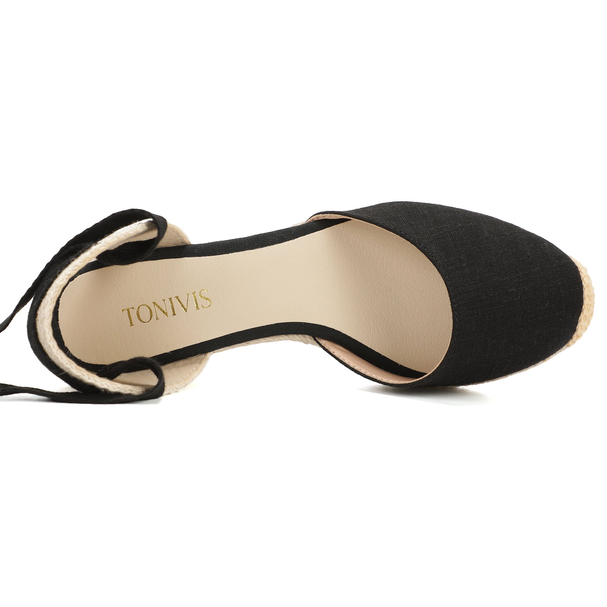 Women's linen espadrille wedge sandals 7CM black linen image 5