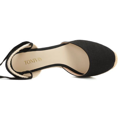 Women's linen espadrille wedge sandals 7CM black linen image 5