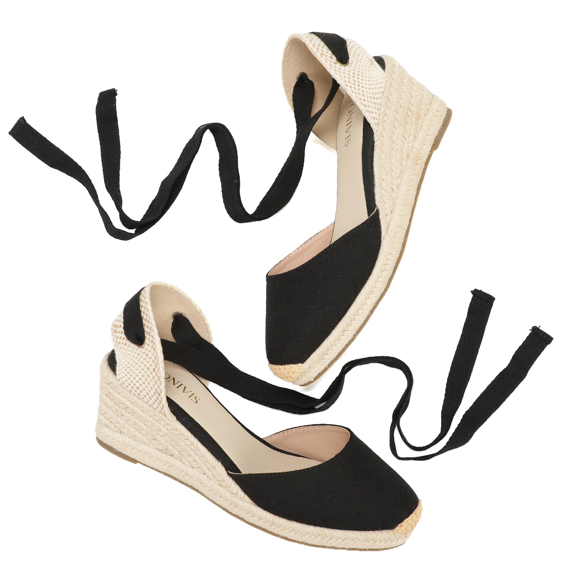 Women's linen espadrille wedge sandals 7CM black linen image 6