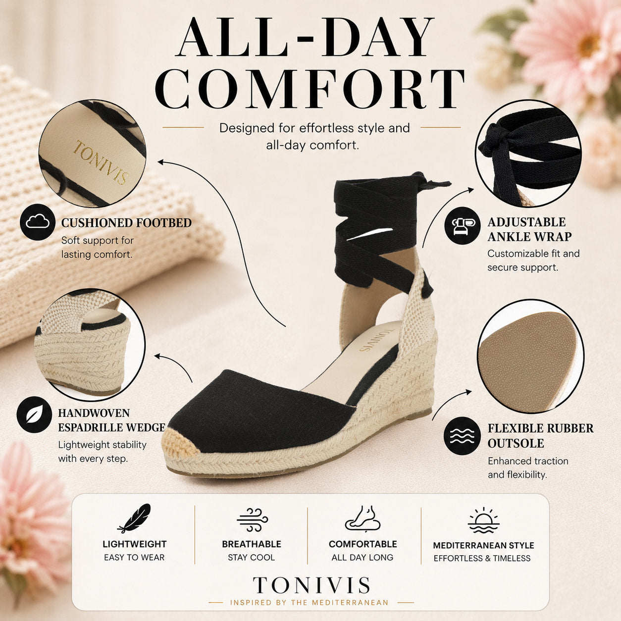 Women's linen espadrille wedge sandals 7CM black linen image 8