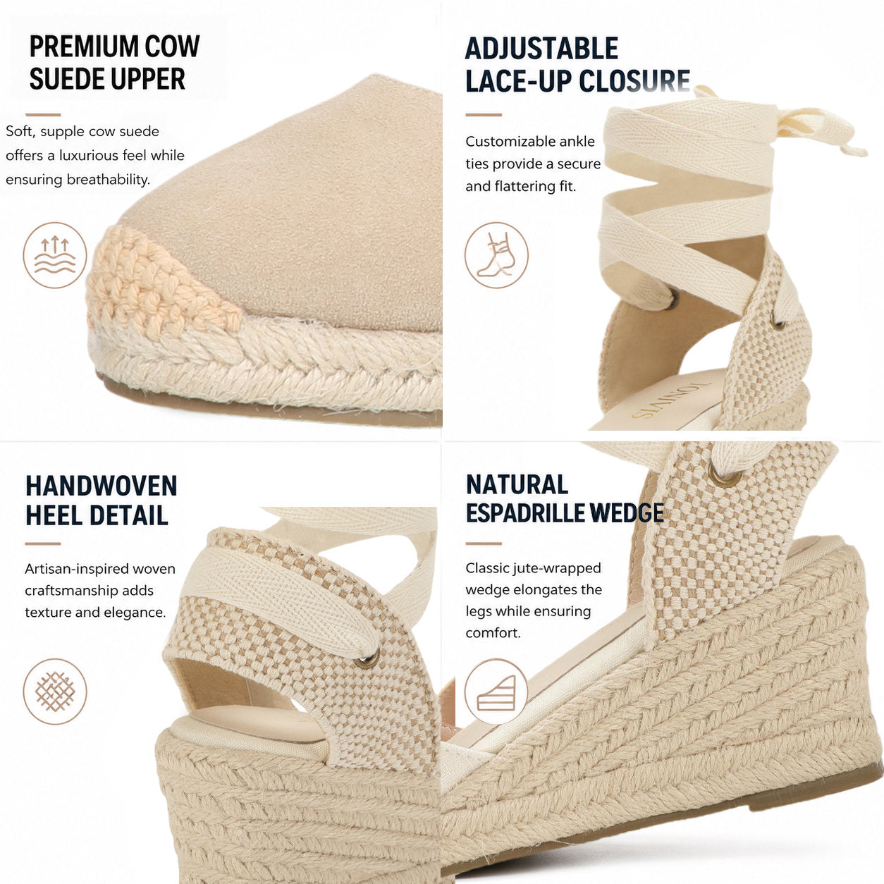 TONIVIS W-S908 beige ankle wrap wedge espadrille sandals on model