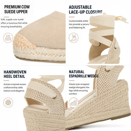 TONIVIS W-S908 beige ankle wrap wedge espadrille sandals on model