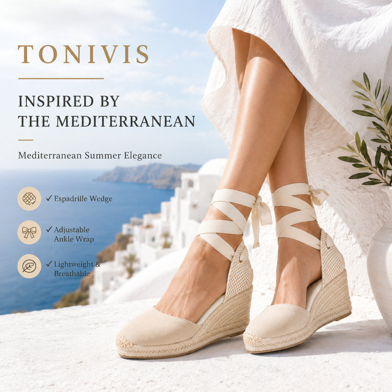 TONIVIS W-S908 beige suede wedge espadrille sandal worn view