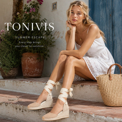 TONIVIS W-S908 beige lace up wedge sandal summer outfit