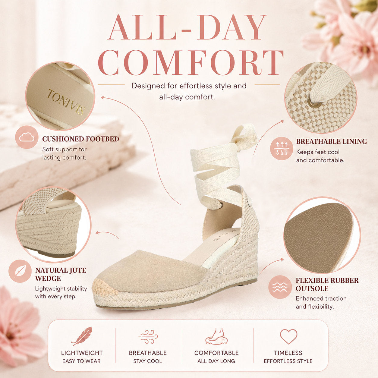 TONIVIS W-S908 beige cow suede 7cm wedge espadrille sandal detail