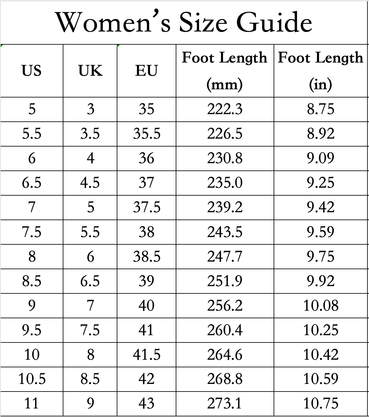 Women's size guide for TONIVIS W-S908 US 5 to US 10 half sizes