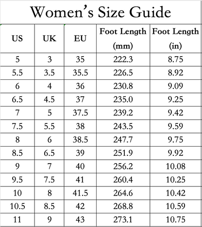 Women's size guide for TONIVIS W-S908 US 5 to US 10 half sizes