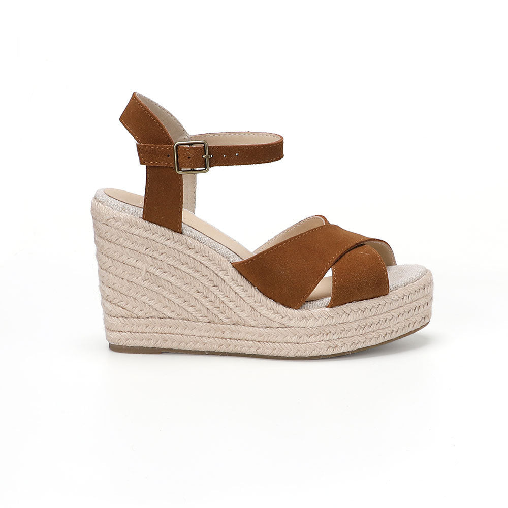 Brown cow suede cross-strap wedge sandals W-S909, view 2