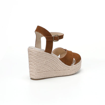 Brown cow suede cross-strap wedge sandals W-S909, view 3