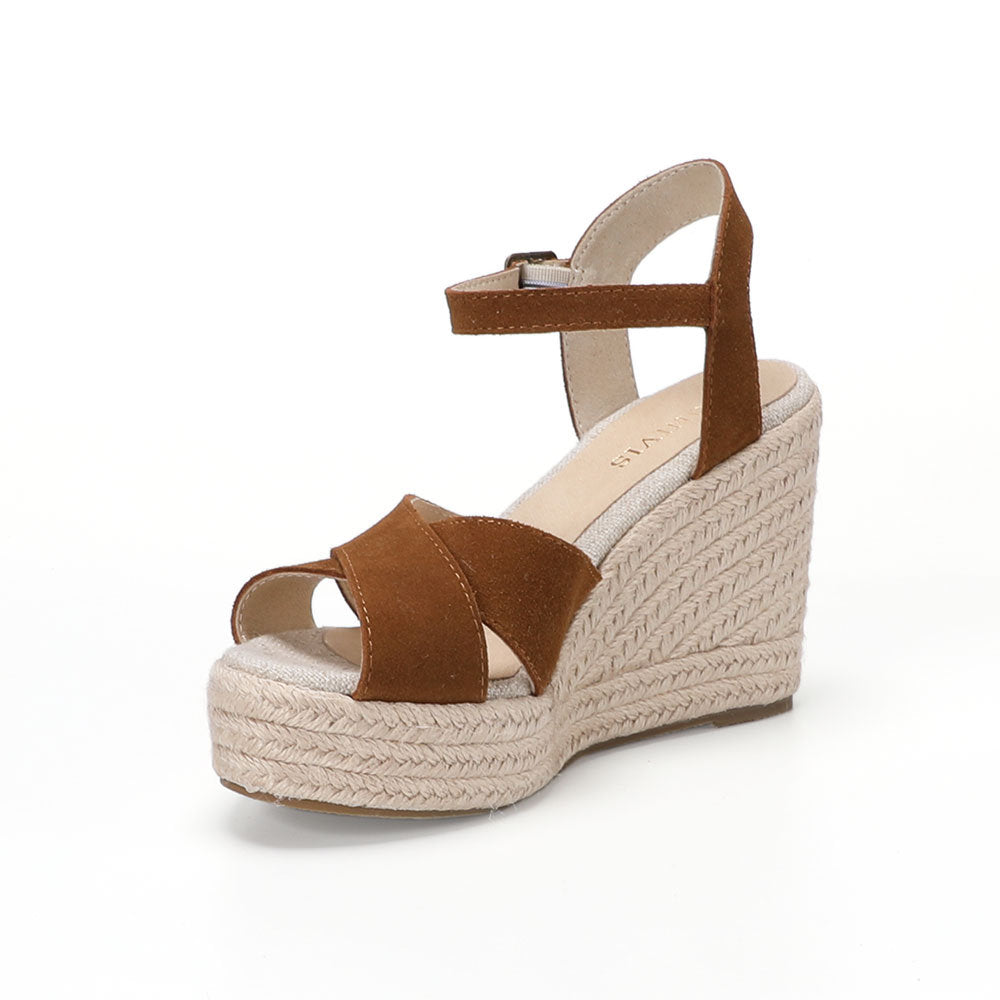 Brown cow suede cross-strap wedge sandals W-S909, view 4