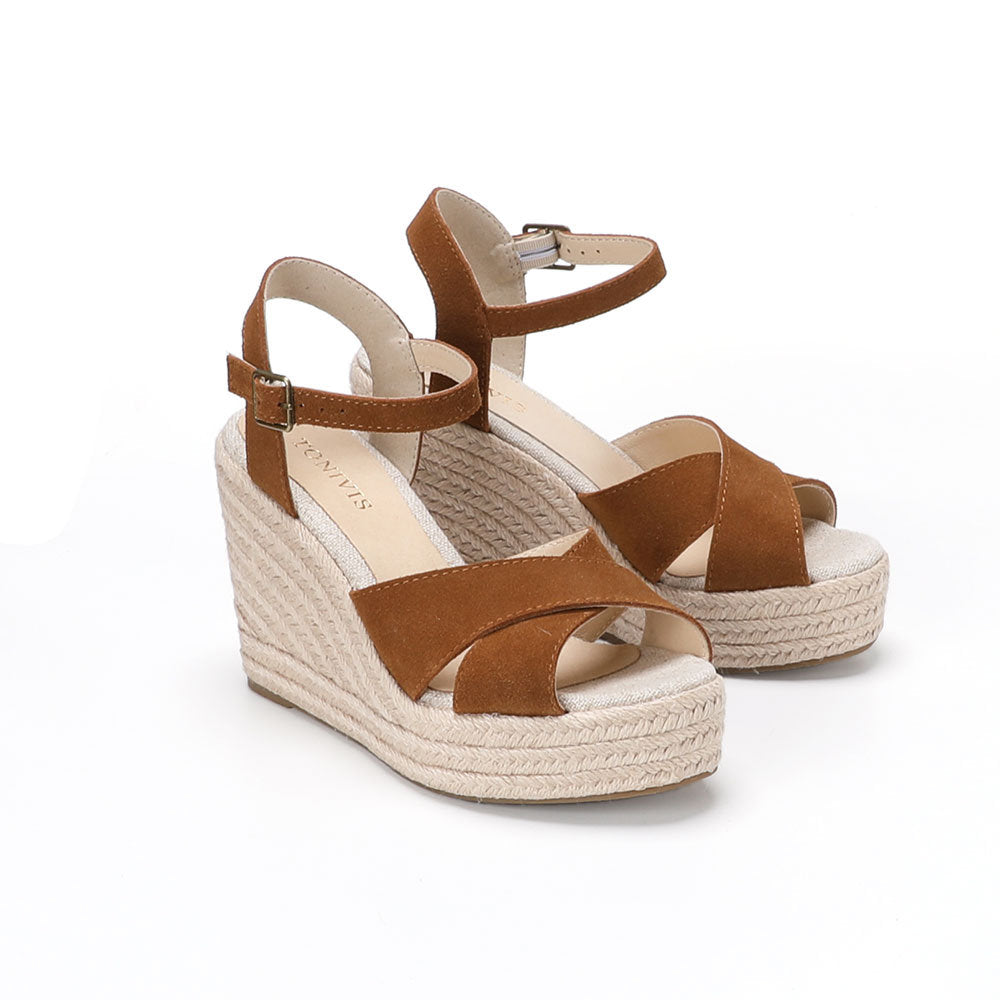Brown cow suede cross-strap wedge sandals W-S909, view 5