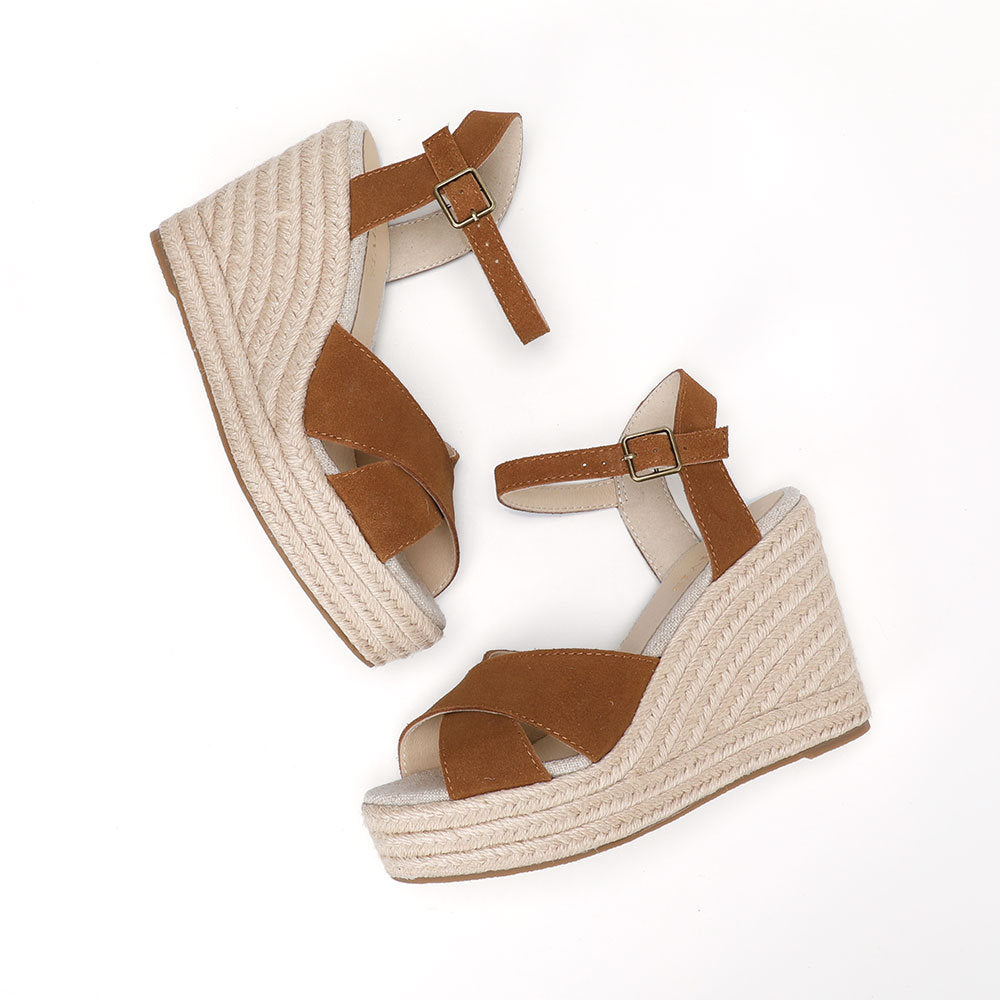 Brown cow suede cross-strap wedge sandals W-S909, view 6