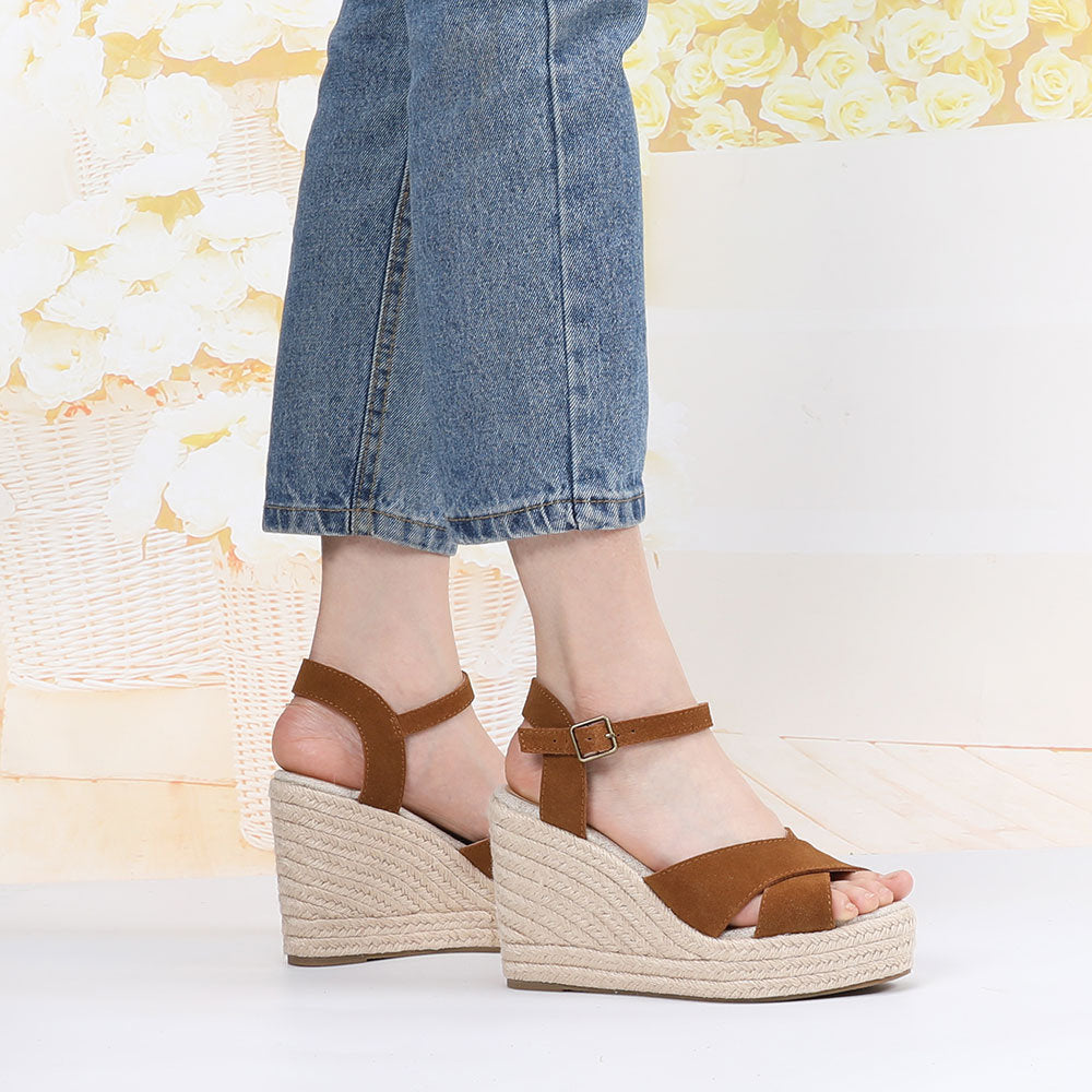 Brown cow suede cross-strap wedge sandals W-S909, view 7