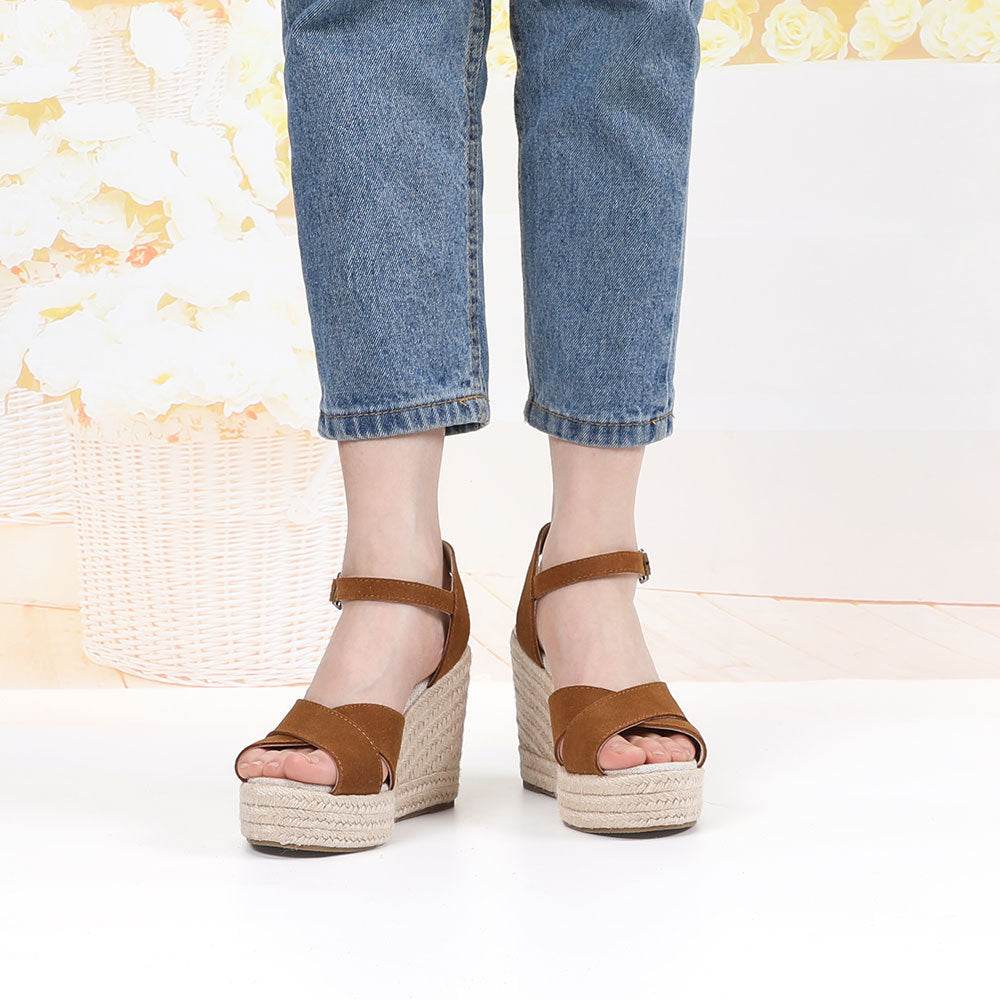 Brown cow suede cross-strap wedge sandals W-S909, view 8