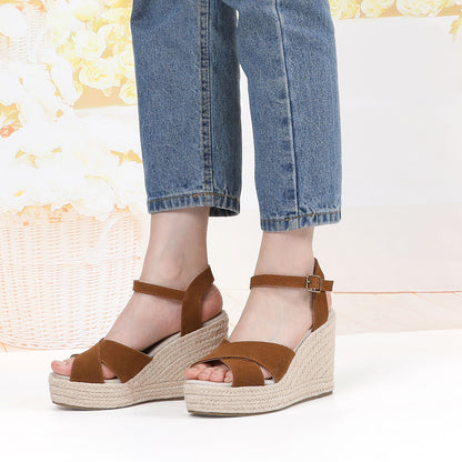 Brown cow suede cross-strap wedge sandals W-S909, view 9