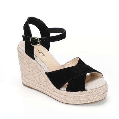 Black cow suede cross-strap wedge sandals W-S910, view 1