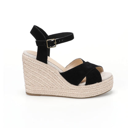 Black cow suede cross-strap wedge sandals W-S910, view 2